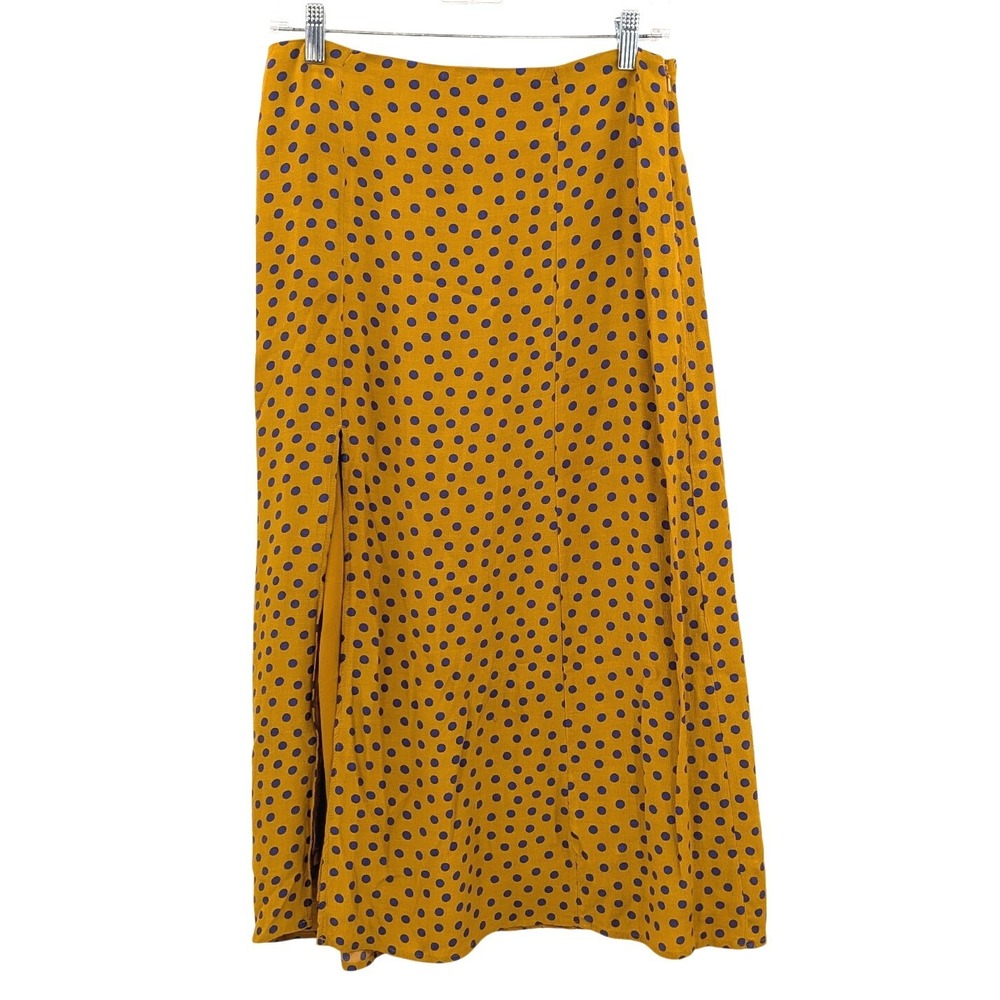 Maeve Anthropologie Polka Dot Midi Skirt Womens 6 Mustard Blue Viscose Flowy